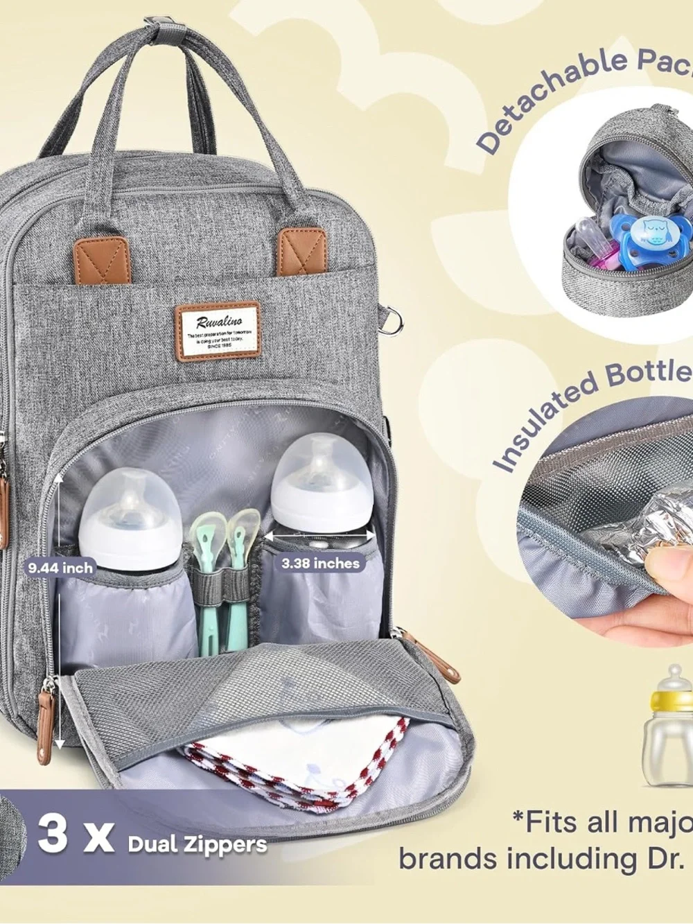 Baby Bag Backpack- Gray-SUPER VERSATILE- RUVALINO Diaper Bag Backpack NEW